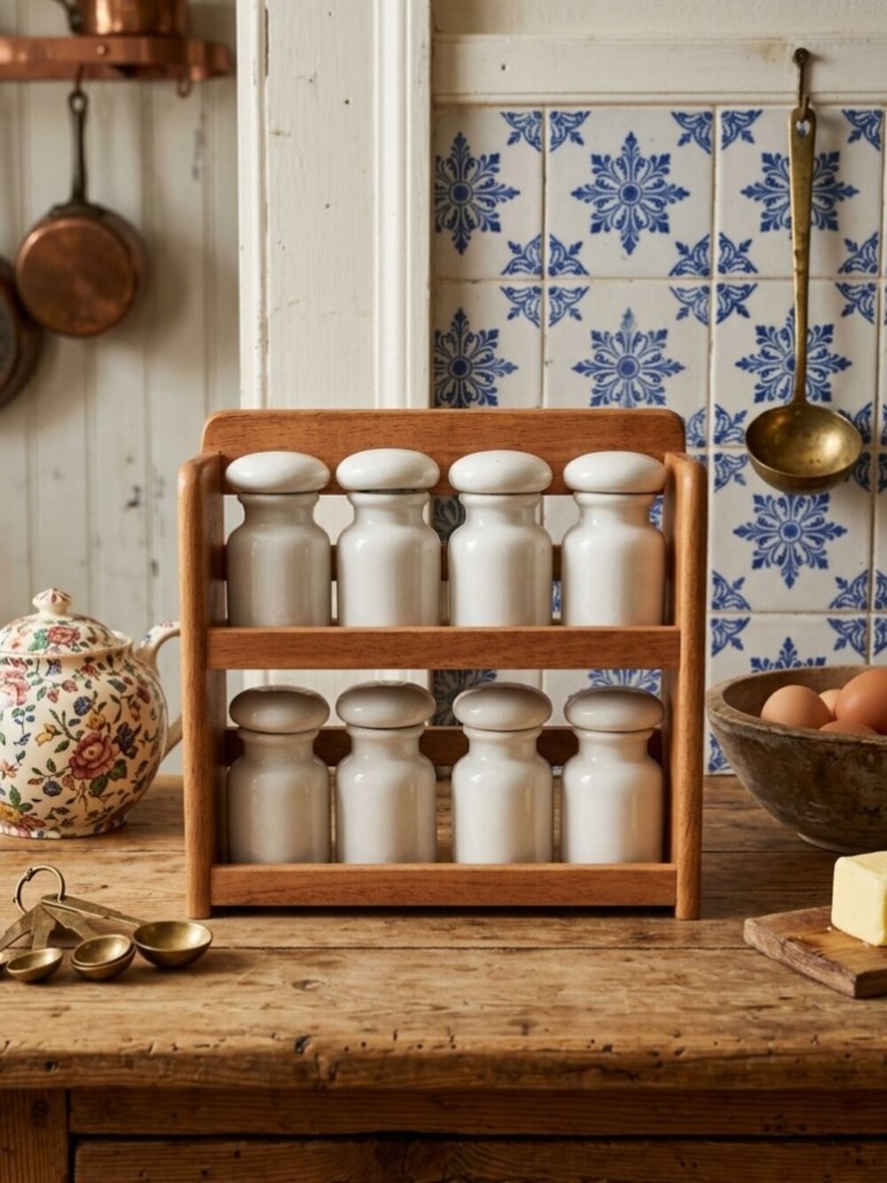 Vintage 90s Ceramic Spice Rack Set 8pc - Floral Country Cottage Kitchen Decor